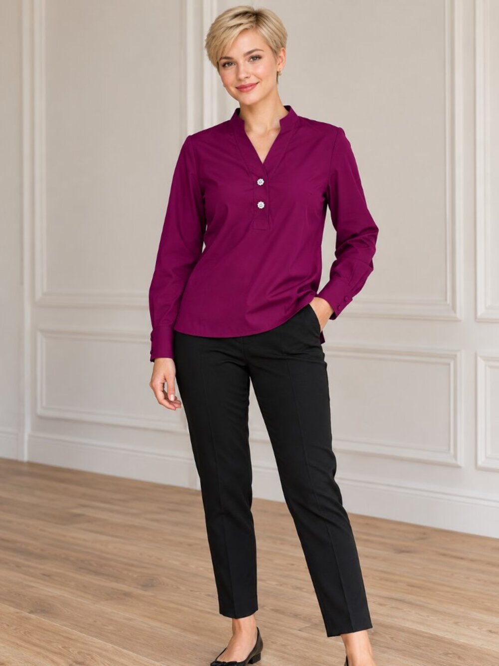 Talbots NWT Petite MP Berry Magenta Non-Iron Cotton Blouse Jeweled Buttons